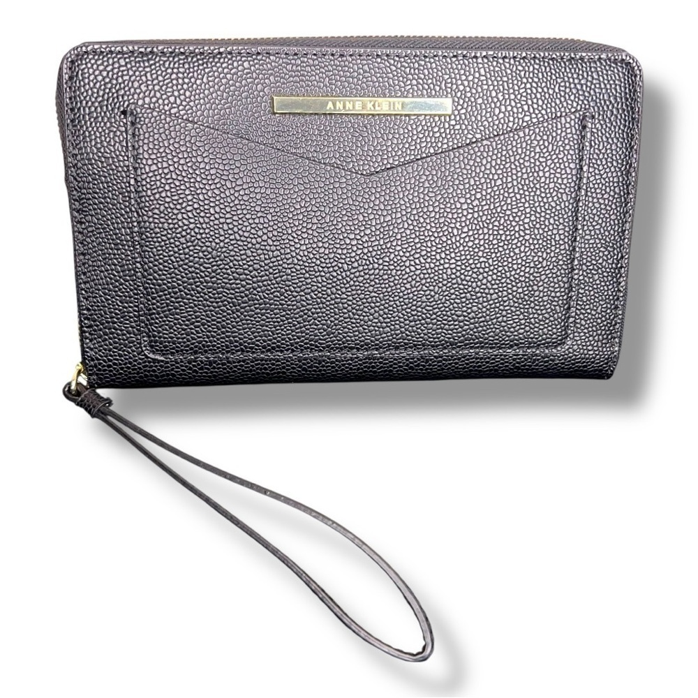 NEW Anne Klein Black Gold Faux Leather Wallet Classic Gift Lined Zip Closure